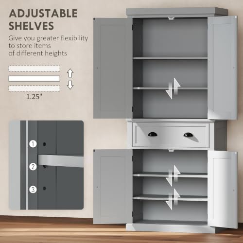 HOMCOM 72.5" Kitchen Pantry Cabinet Freestanding 4 Doors Gray
