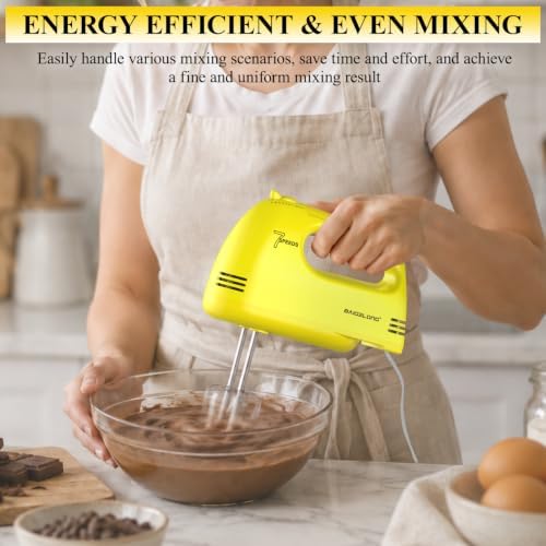 BAIGELONG Hand Mixer. 7-Speed Adjustable Kitchen Electric Mixer. With 5 Stainless Steel Attachments: 2 Hooks, 2 Beaters, 1 Whisk. Comes 1 Storage Box. Perfect for Bakers and New Starters, Yellow
