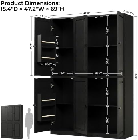 IRONCK Kitchen Pantry Storage Cabinet, 47.2" W x 69" H, 6 Doors, Black