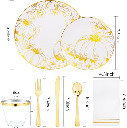 Liacere 175PCS Thanksgiving Plates- Gold Pumpkin Plastic Plates-Thanksgiving Plastic Plates and Napkins Sets Include 50 Plastic Plates,75 Thanksgiving Dinnerware，25 Gold Cups 25 Napkin for Fall Plates