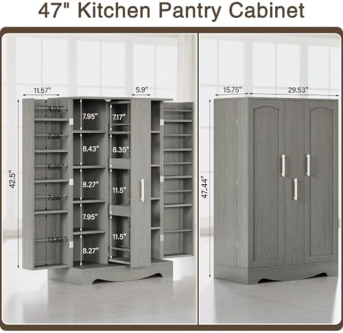 kepptory 47" Kitchen Pantry Cabinet with Drawer, Freestanding Food Storage Cabinet with Doors and Adjustable Shelves, Floor Cupboard Organizer for Dining Room Gray