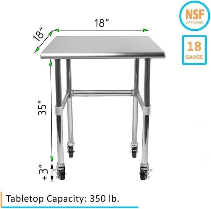 Stainless Steel Work Table Open Base & Wheels | Work Station | Metal Work Bench (Stainless Steel Work Table Open Base + Casters) (18" Long x 18" Deep)