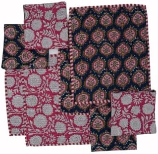 Cotton Block Print Quilted Reversible Placemats with Napkins, Floral Design, Dining Table Decor for Everyday Use, Set of 4 (Navy/Pink)