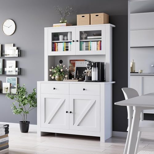 Jojoka 63" Tall Kitchen Pantry Hutch Cabinet with Drawers, Freestanding Storage Cabinet with Microwave Stand, Adjustable Shelves & Tempered Glass Doors for Dining Room Living Room,White