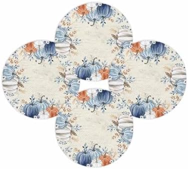 Fall Round Placemats Set of 4 Pumpkin Blue Orange Thanksgiving Place Mats Washable Woven Placemat White Pumpkin Leaves Circle Braided Table Mat for Kitchen Dining Table Holiday Party Decor 15 Inch