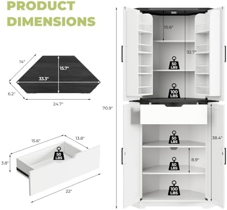 Dripex 71" White Farmhouse Corner Pantry Cabinet with LED Light, Tall Storage Cabinet with Doors & Adjustable Shelves, Food Pantry for Kitchen, Living Room, Dining Room