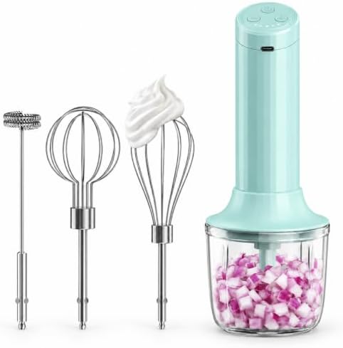 Cordless Hand Mixer, 4-in-1 Handheld Electric Mixer with Electric Whisk Frother & 10 oz Mini Food Chopper, USB-C Rechargeable 4-Speed Hand Mixer for Eggs, Cream, Coffee & Small-Batch Prep