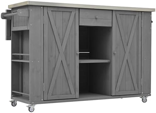 52.25" W Outdoor Grill Cart with Stainless Steel Tabletop, Patio Kitchen Island Storage Cabinet for BBQ, Bar