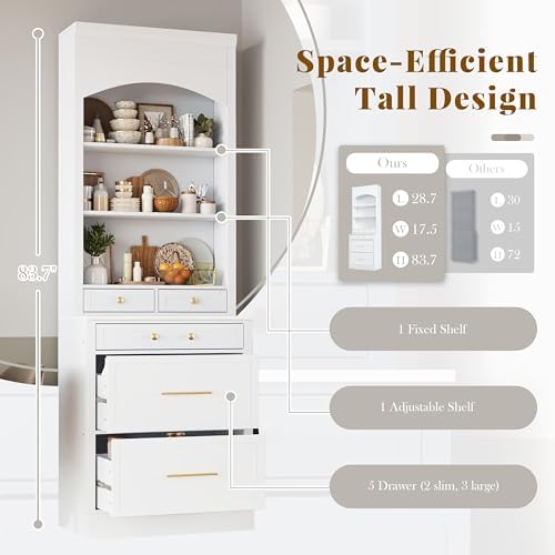 Merax Modern 83.7inch Freestanding Kitchen Hutch with Faux Marble Top, Kitchen Pantry with 5 Storage Drawers and Adjustable Shelf, White