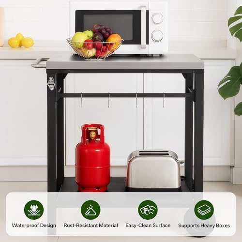 KEIKI 2-Tier Outdoor Grill Cart Table with 2 Wheels, Tool Hooks, Movable BBQ Cooking Prep Table, Pizza Oven Table, Serving Bar Cart for Backyard, Indoor, Outside, Kitchen, Stainless Steel