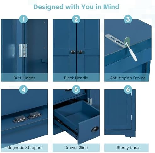 Merax 72" Tall Shaker Style Kitchen Pantry with 3 Drawers, Adjustable Shelves, Wood Cupboard Dining Storage Cabinet with Door Shelves and Pull-Out Trays for Living Room, Kitchen, Dining Room Blue