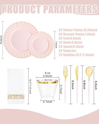 Ciaell 175 Piece Pink and Gold Plastic Plates for Weddings Parties
