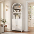 Modern Farmhouse Arched Pantry Cabinet 73" – Freestanding Tall Storage with Adjustable Shelves & Drawer – Accent Kitchen, Dining, Living or Bedroom Cupboard – Embossed White