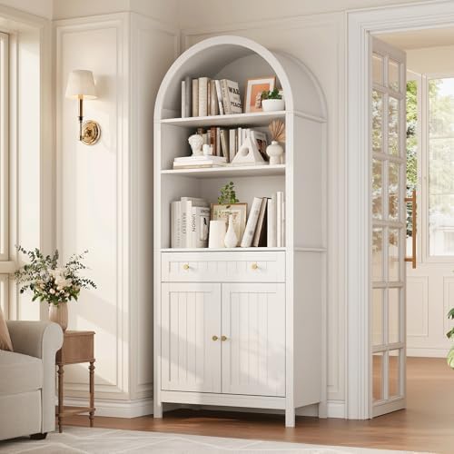Modern Farmhouse Arched Pantry Cabinet 73" – Freestanding Tall Storage with Adjustable Shelves & Drawer – Accent Kitchen, Dining, Living or Bedroom Cupboard – Embossed White