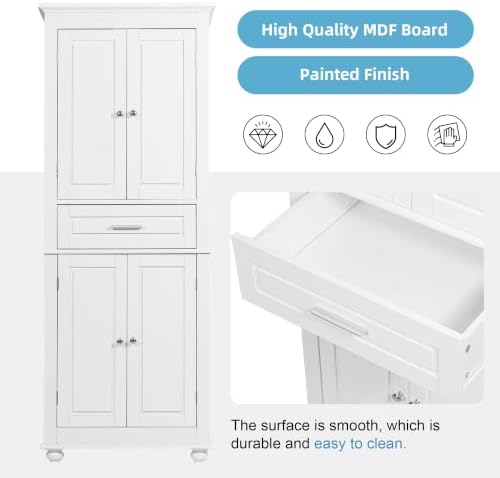Merax 63" Pantry Cupboard with Four Doors & One Drawer, Bathroom Storage Cabinet with Adjustable Shelves for Home/Living Room/Dining Room/Kitchen, White