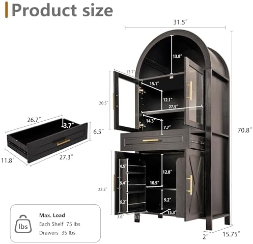 KEIKI 71" Tall Arched Kitchen Pantry Cabinet with Glass Door,Drawer,Farmhouse Storage with Adjustable Shelves for Kitchen,Living & Dining Room