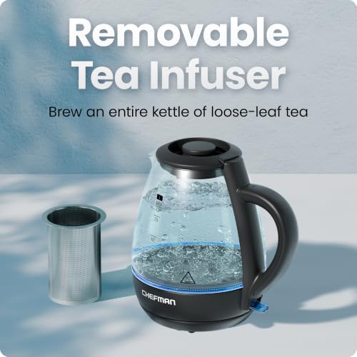Chefman Electric Kettle with Tea Infuser, 1.7L 1500W, Removable Lid for Easy Cleaning, Boil-Dry Protection, Stainless Steel Filter, BPA Free, Auto Shut Off Hot Water Boiler, Glass Electric Tea Kettle - Image 4