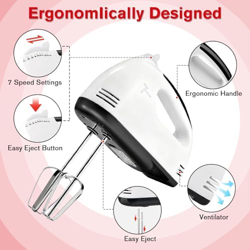 Showvigor Electric Hand Mixer with Stainless Steel Mixing Bowl Set –7 Speeds Turbo-Boost Hand Mixer with Large Mixing Bowls, Measuring Cups, Spoons & Spatula for Kitchen Cakes Eggs Baking(Pink)