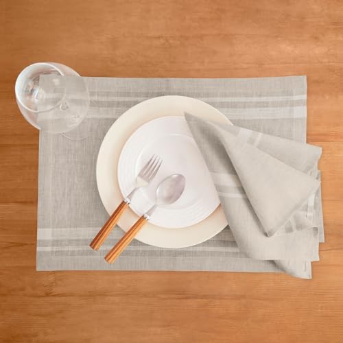 Solino Home 100% Linen Napkins, 20 x 20 in, White, French Stripe, Set of 4