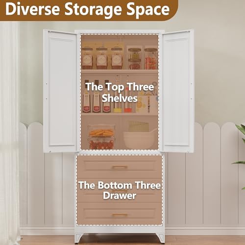Polup 75" Metal Storage Cabinet, Kitchen Pantry Cabinet with 3 Drawers