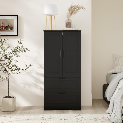 2 Door Tall Kitchen Pantry Storage, Collection Food Free Standing Wooden Storage Cabinet with 2 Drawers and Adjustable Shelves, Modern Farmhouse Versatile Storage for Kitchen, Dining Room (Black)