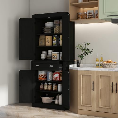 HOMCOM 72.5" Kitchen Pantry Cabinet Freestanding 4 Doors Black Wood Grain