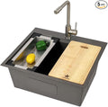 STARSTAR Workstation Ledge Topmount/Drop-in Single Bowl Satin Brass Matte Stainless Steel Kitchen/Yard/Bar/Laundry/Office Sink, With Grid, Colander, Cutting Board, Strainer with Basket (23x20x9 Black)
