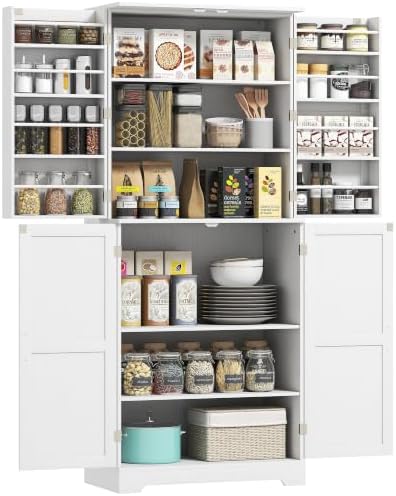 HOMCOM 72" Farmhouse Kitchen Pantry Cabinet, Tall, 4 Barn Doors, White