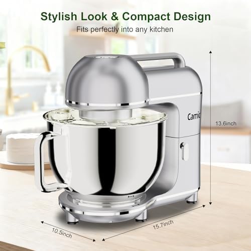 Camic 7.45 QT Tilt-Head Stand Mixer, Electric Mixer for Baking (Silver)