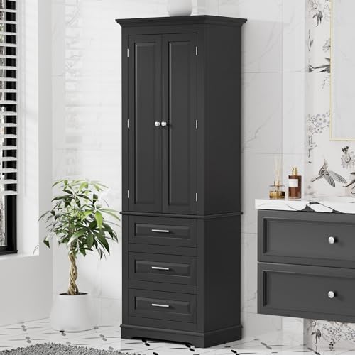 Merax 70" Pantry Cabinet with Two Doors & Three Drawer, Adjustable Shelves Storage Cupboard for Kitchen/Dining Room/Bathroom, Black