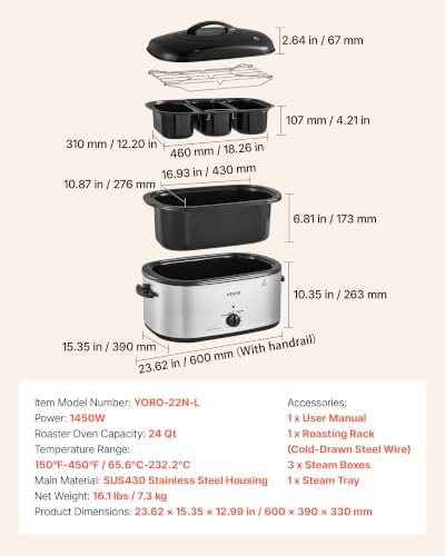 VEVOR Electric Roaster Oven, 24 Qt 1450W, Turkey Roasting Pan, 3 Food Trays