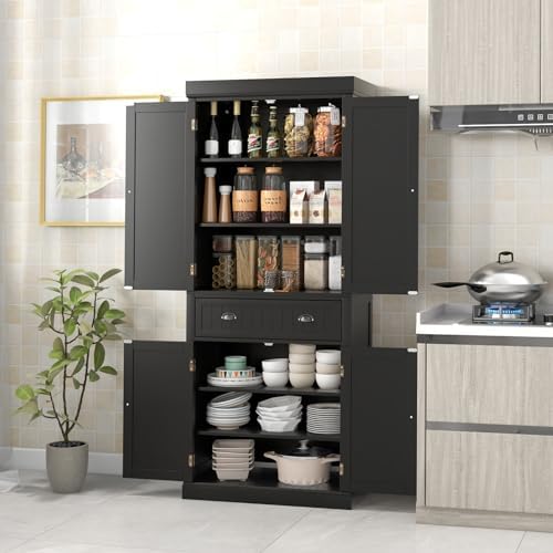 GIANTEX Pantry Organizers and Storage, 72" Tall Kitchen Cabinet with 2-Door Cabinets & Drawer, Buffet Sideboard w/Adjustable Shelves, Wooden Freestanding Cupboard for Dining Room Living Room (Black)