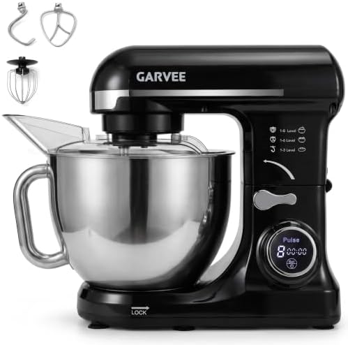 Garvee 5.3 QT Tilt-Head Stand Mixer, 500W Motor, 8-Speed Electric Kitchen Mixer with Stainless Steel Bowl, Dough Hook, Flat Beater & Wire Whisk for Bread Dough, Cake, Cookies & Pizza, Black