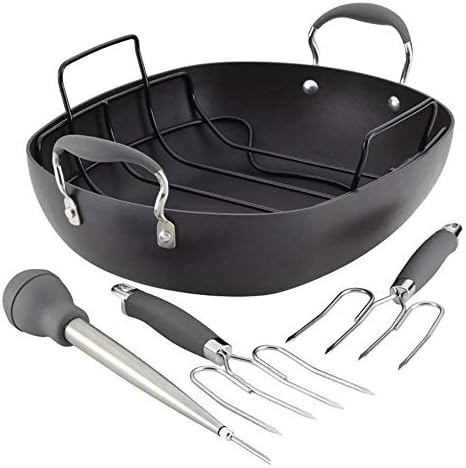 Anolon Advanced Hard Anodized Nonstick Roaster / Roasting Pan Set with Utensils - 16 Inch x 13 Inch, Gray