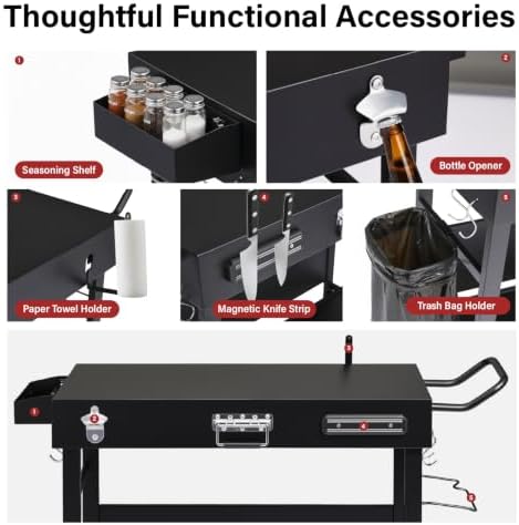 Portable Outdoor Grill Table Cart with Wheels, Foldable BBQ Prep Station, Rolling Food Prep Table with Bottle Opener, Seasoning Tray, Trash Bag Holder, Lower Shelf, Black