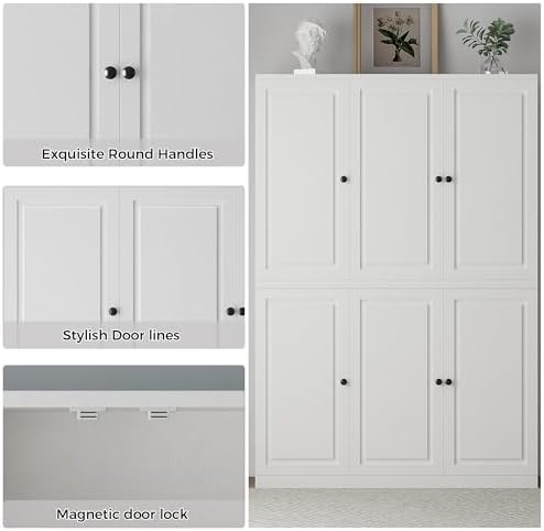IRONCK Kitchen Pantry Storage Cabinet 47.2" W x 69" H, 6 Doors Large Storage Modern Food Pantries with 8 Shelves and Door Rack, Cupboard for Living Room Dining Room, White