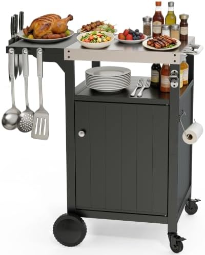 Outdoor BBQ Prep Cart with Storage, Foldable Side Table
