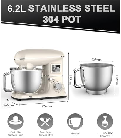 Stand Mixer with LED Display & Timer 6.5QT Stainless Steel Bowl, 1350W 6-Speeds Electric Kitchen Stand Up Mixer for Baking Cakes Cookie Bread Salad Food with Egg Whisk, Dough Hook, Beater - White