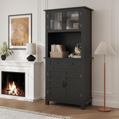 Garvee 72" Tall Kitchen Pantry Cabinet with Hutch and Microwave Stand