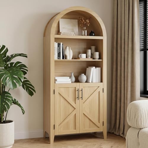 Garvee Arched Cabinet with Doors, 5-Tier Kitchen Pantry Cabinet with Adjustable Shelves, Wooden Open Farmhouse Storage Organizer for Kitchen, Dining Room, Living Room, Home Office, Natural