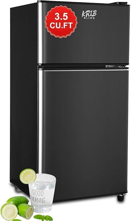 Refrigerator 3.5 Cu.Ft with Freezer,Vintage Double Door,Lock Fresh,7 Level Adjustable Thermostat ct for Dorm, Bar, Office,Kitchen, Apartment，Black