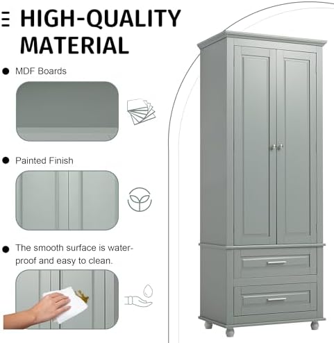 Merax 62.5" Pantry Cabinet with Two Doors & Two Drawers, Adjustable Shelves Storage Cupboard for Kitchen/Dining Room/Bathroom, Gray