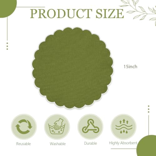 Set of 12 Olive Green Cotton Placemats 15" Round Scalloped White