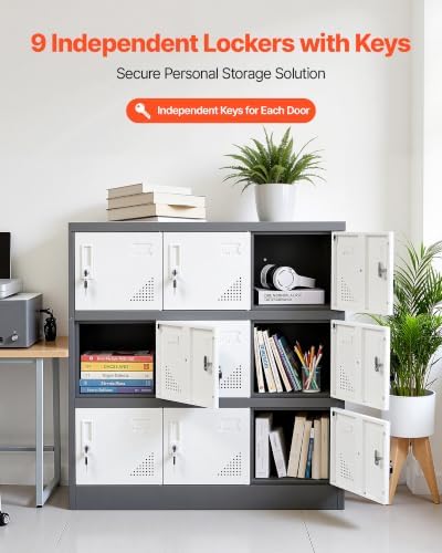 VEVOR 9 Doors Metal Locker Lockable Steel Storage Cabinet 66 lbs Load Gray