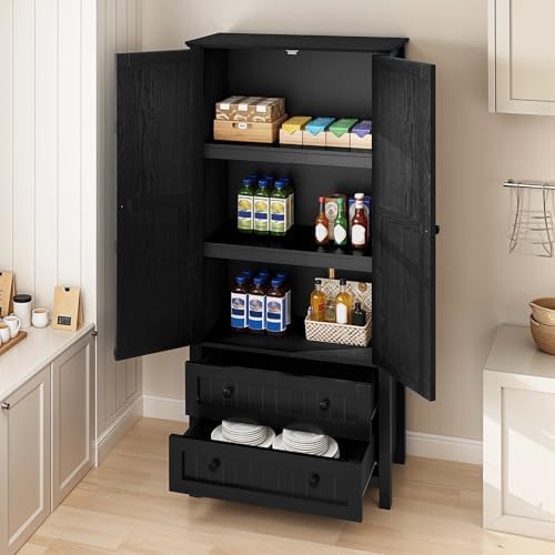 DWVO 64.5" Farmhouse Pantry Cabinet with 2 Drawers & Shelves, Oak Black