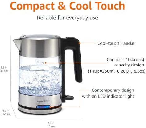 Amazon Basics Electric Kettle with Glass Carafe for Tea and Coffee, Fast Boiling, Auto Shut-Off, Boil-Dry Protection, Temperature Control, Removable Filter, 1 Liter, 1500W, BPA-Free - Image 2