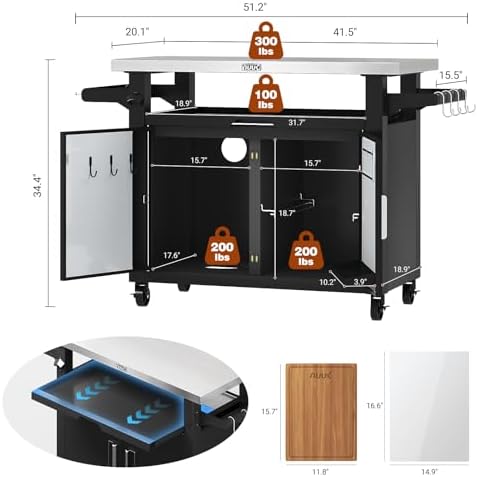 NUUK Outdoor Grill Cart with Storage Cabinet Metal Kitchen Island Prep Table with Movable Universal Wheels and Stainless Steel Top for Outside BBQ Backyard Include Hooks Spice Rack