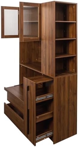 KEIKI 70.87" Tall Kitchen Pantry Storage Cabinet with Pull-Out Shelf, Side Shelves, 2 Drawers, Glass Doors & Microwave Stand, Freestanding Wood Hutch Food Pantries Cupboard for Dining Room