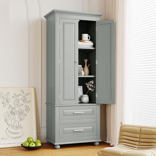 Merax 62.5" Pantry Cabinet with Two Doors & Two Drawers, Adjustable Shelves Storage Cupboard for Kitchen/Dining Room/Bathroom, Gray