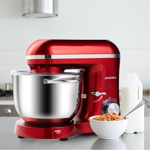Aucma Stand Mixer,6.5-QT 660W 6-Speed Tilt-Head Food Mixer, Kitchen Electric Mixer with Dough Hook, Wire Whip & Beater (Red, 6.5QT)